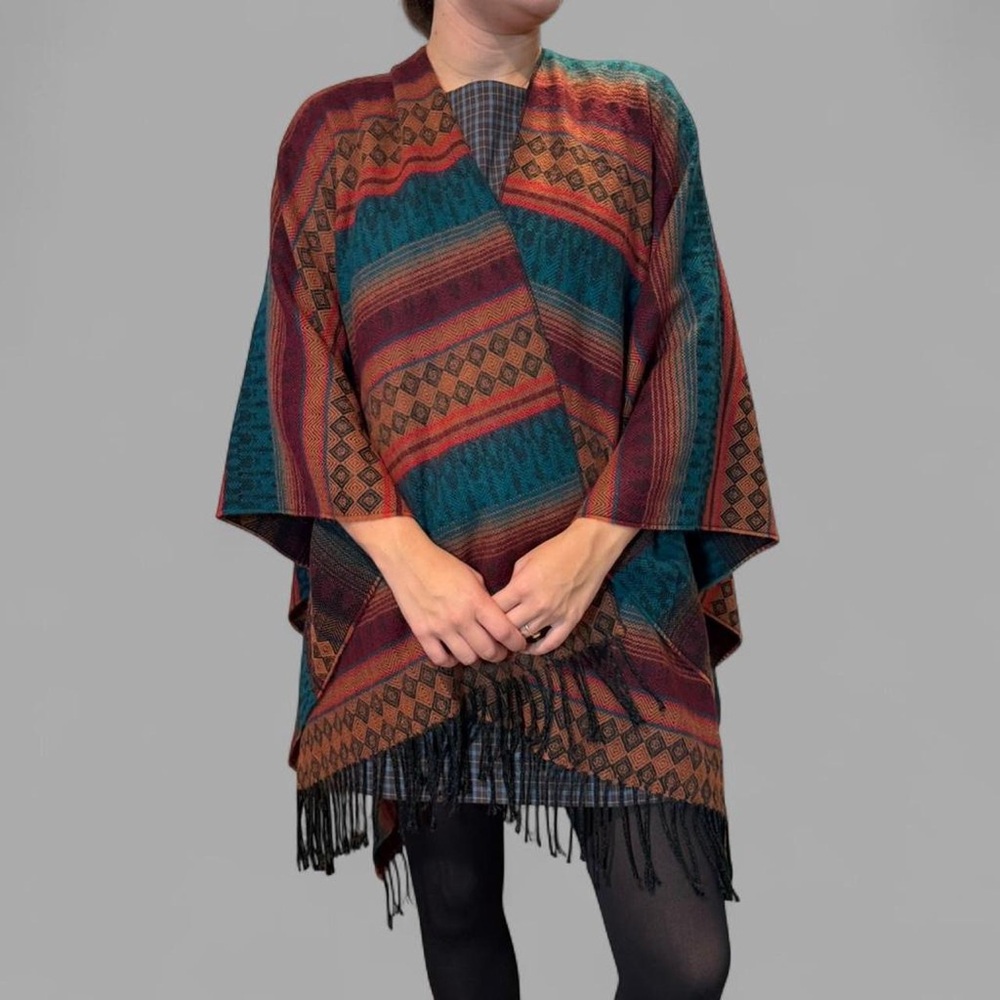 Chico's Southwest Boho Striped Blanket Wrap Cape with Fringe One Size